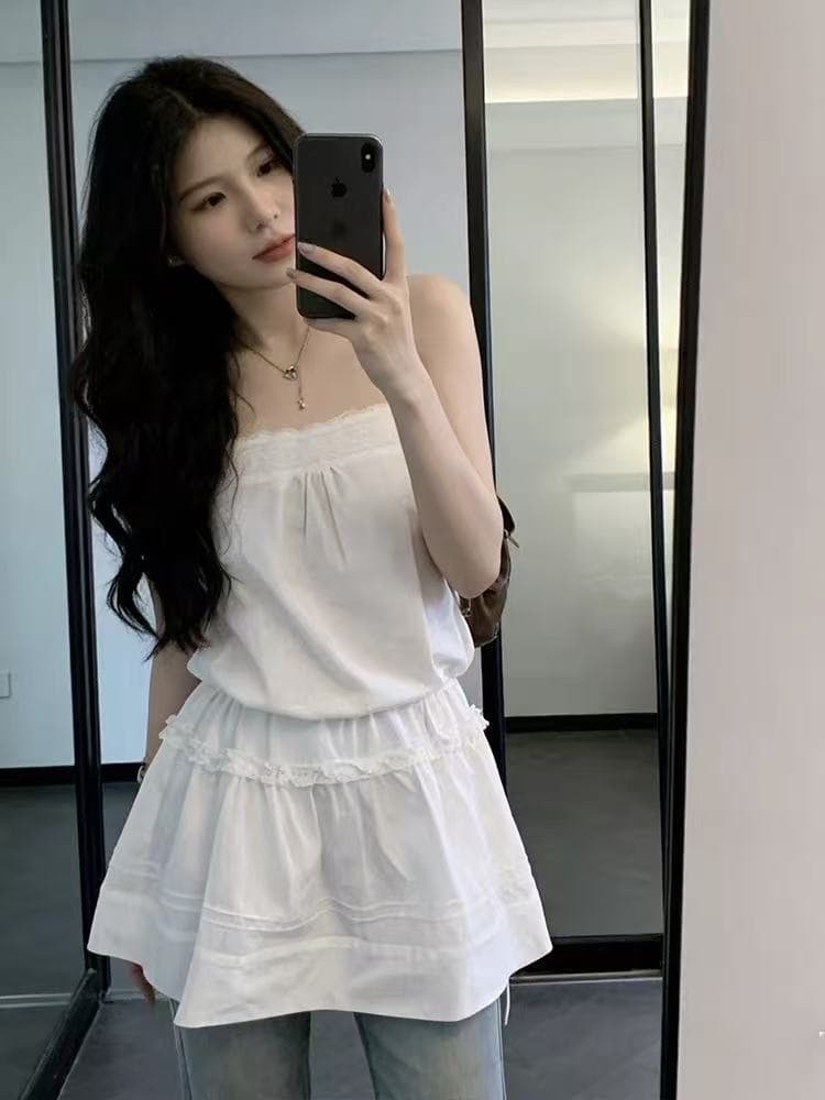달콤함 부드러운 바람 화이트 레이스 슬립 여성 드레스 봄 새로운 품격 연령 감소 허리 수축 한 마디 짧은 치마 이미지 4
