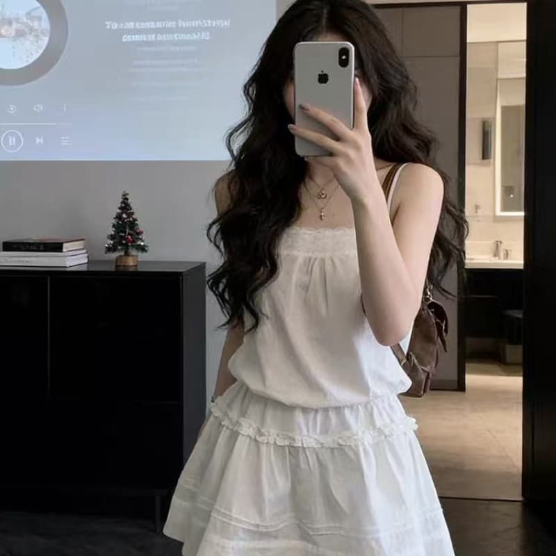 달콤함 부드러운 바람 화이트 레이스 슬립 여성 드레스 봄 새로운 품격 연령 감소 허리 수축 한 마디 짧은 치마 이미지 5