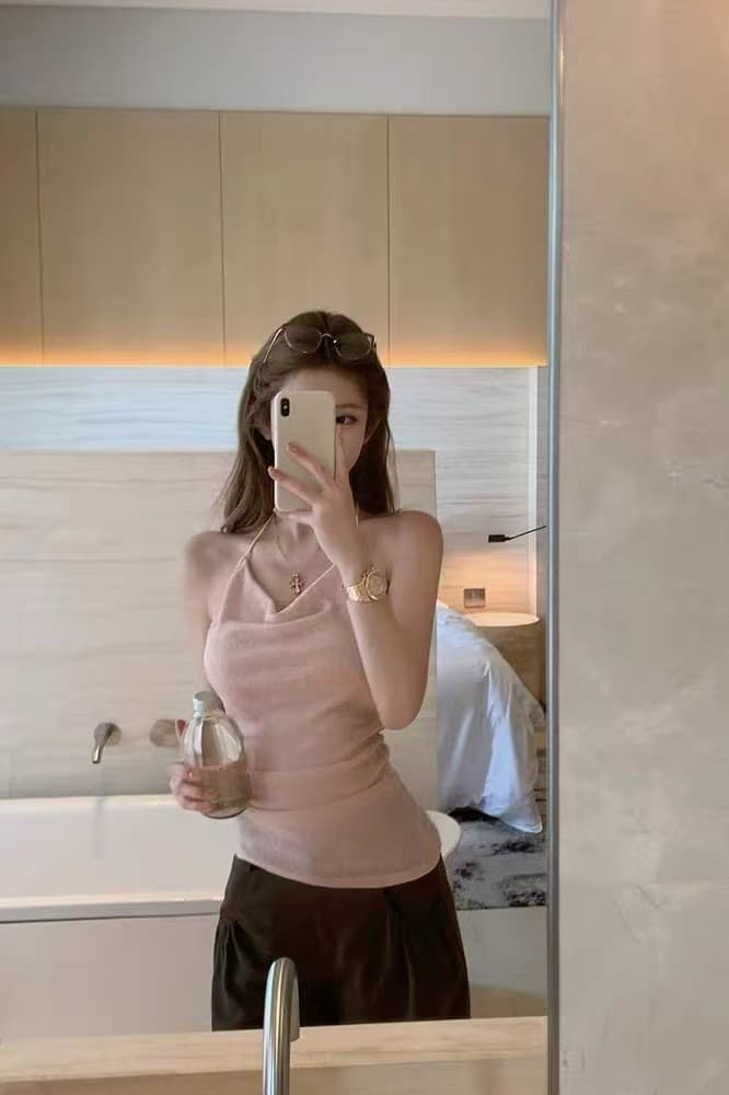 고급 센스 자이언트 잘 생긴 흔들다 칼라 행침 목 맨위 여성 몸매 가꾸기 디자인 센스 스트랩 마이크로 ~을 통해 민소매 조끼 슬립 여름 이미지 6