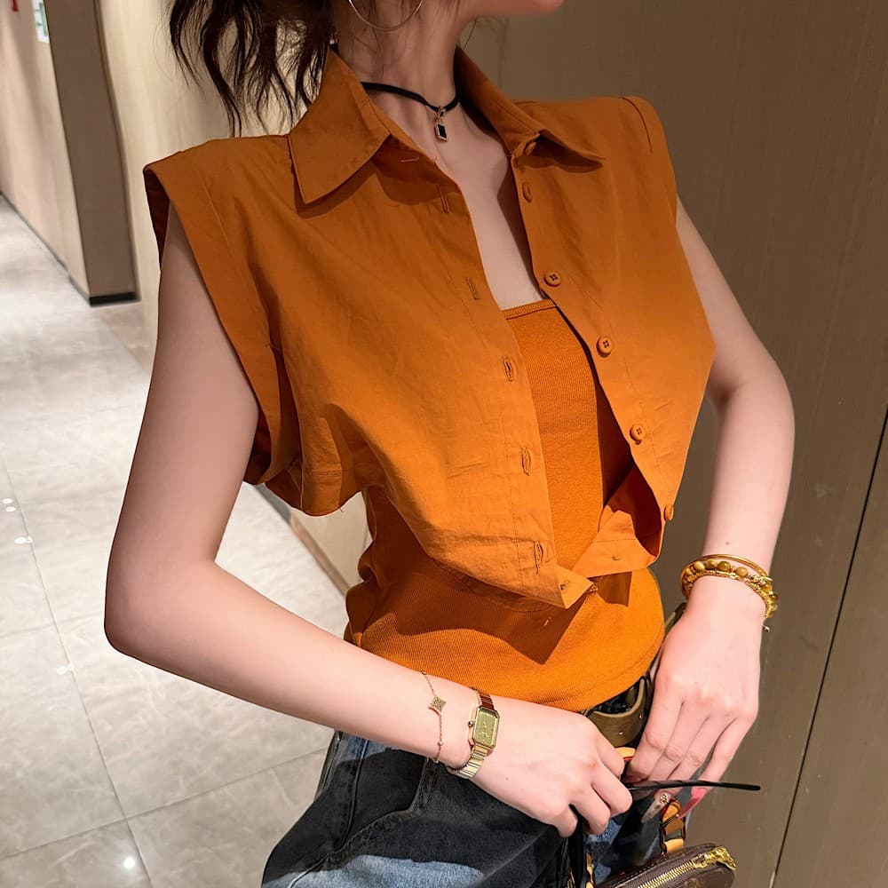여름 새로운 패션 다용도 한 부서 POLO 칼라 허리 수축 페이크 레이어드 불규칙 여성 셔츠 이미지 2