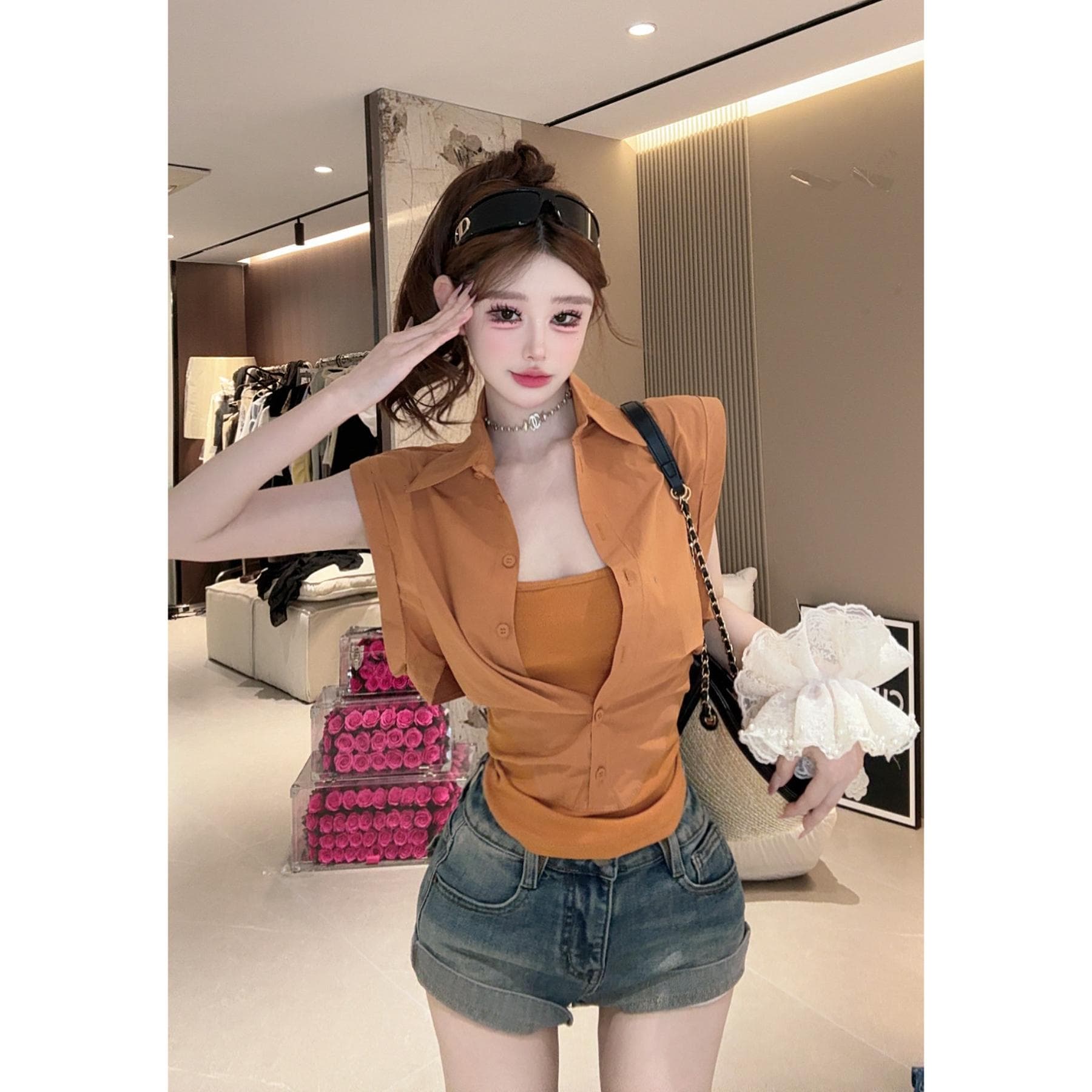 여름 새로운 패션 다용도 한 부서 POLO 칼라 허리 수축 페이크 레이어드 불규칙 여성 셔츠 이미지 2