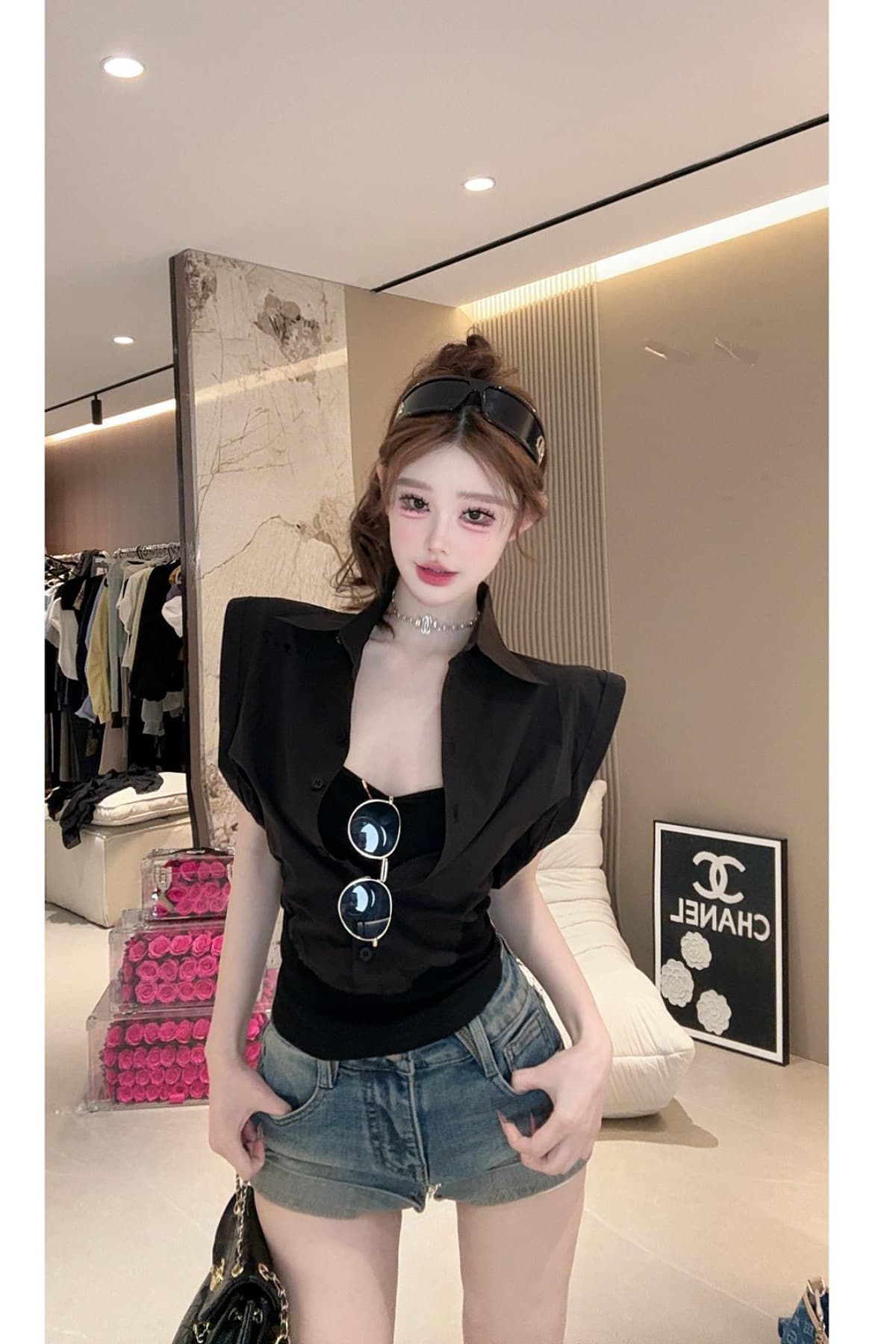여름 새로운 패션 다용도 한 부서 POLO 칼라 허리 수축 페이크 레이어드 불규칙 여성 셔츠 이미지 7