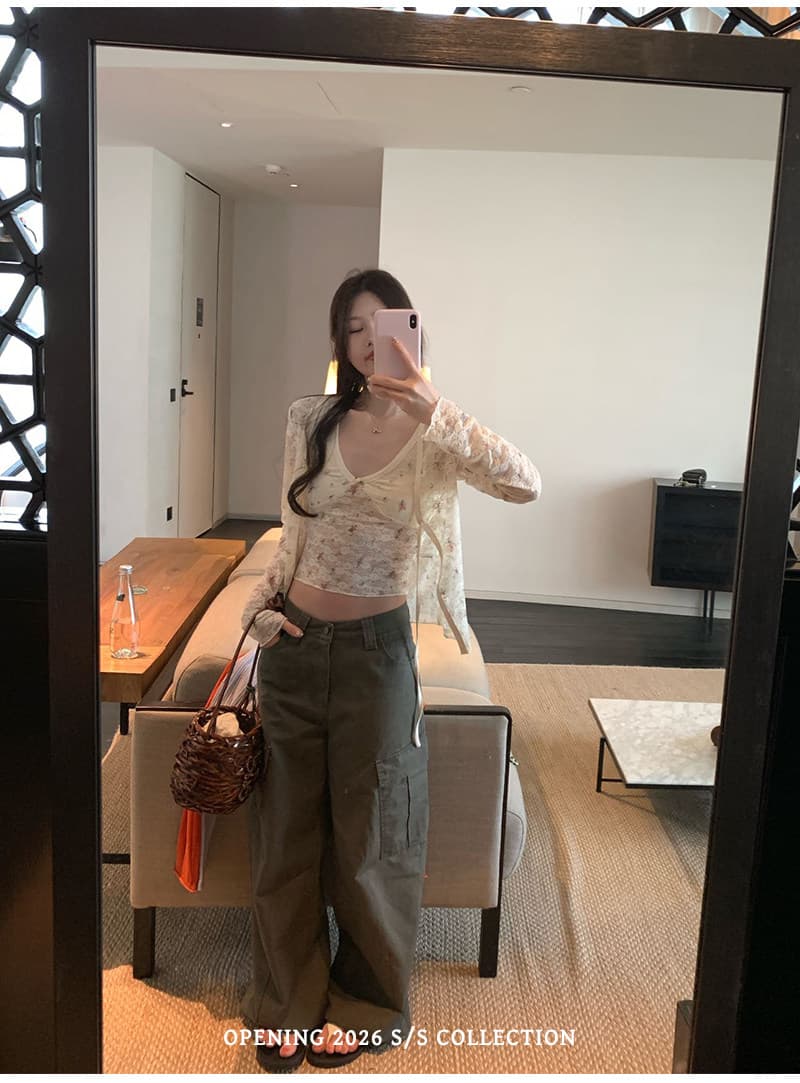 부드러운 bunny 레이스 꽃무늬 V넥 조끼 레이스업 오픈 가디건 세트 그룹 상세 이미지 11