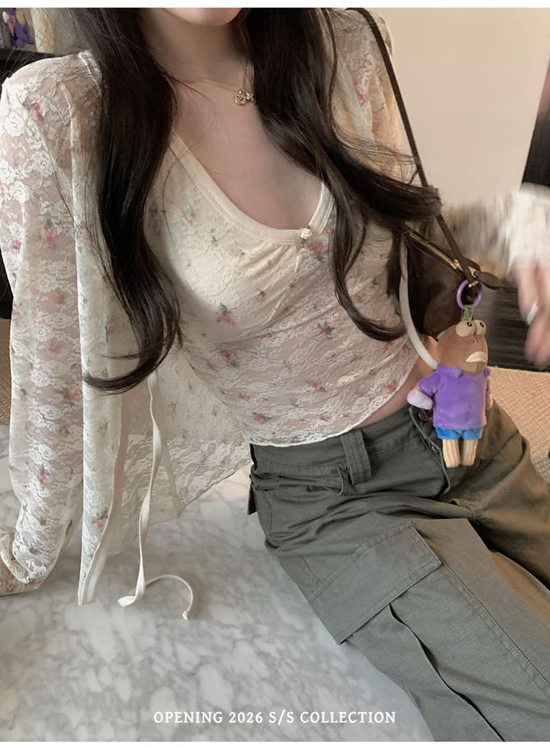 부드러운 bunny 레이스 꽃무늬 V넥 조끼 레이스업 오픈 가디건 세트 그룹 상세 이미지 16