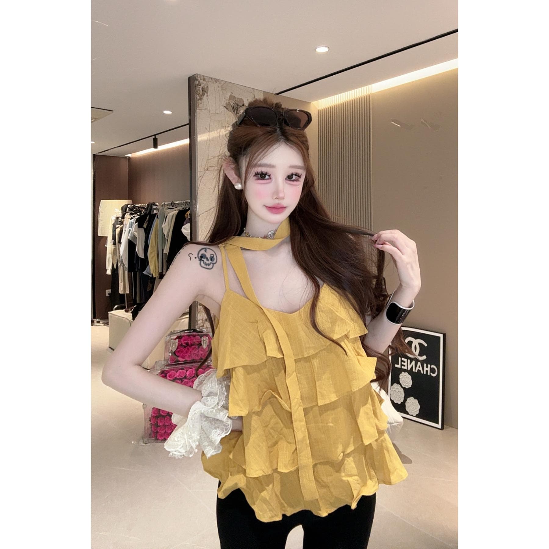 여름 새로운 프릴 행침 목 리본 캐미솔 패션 다용도 상세 이미지 1