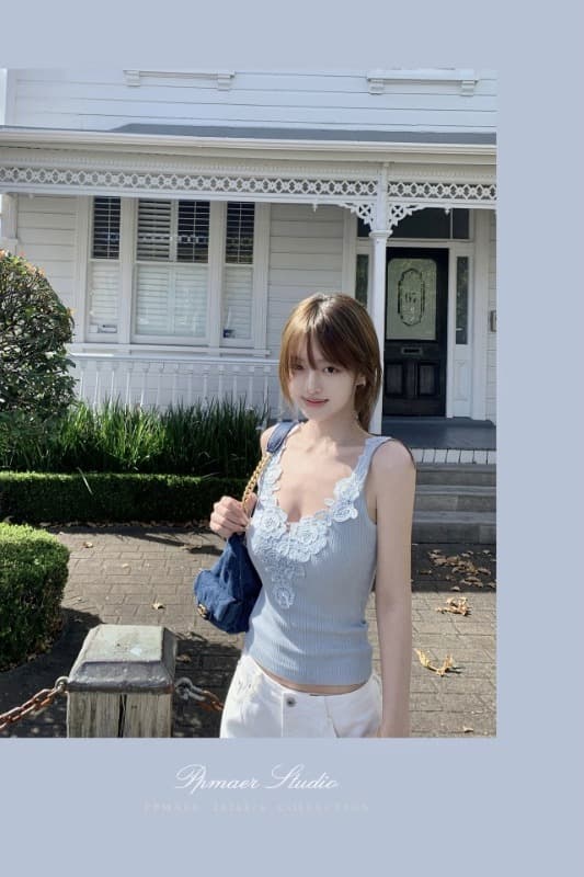 레이스 자수 조끼 슬립 여성 외출용 민소매 맨위 이미지 6