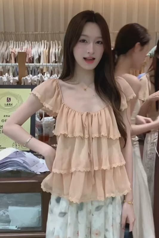 부드러운 바람 Feifei 소매 프릴 광장 칼라 쉬폰 여성 셔츠 여름 새로운 품격 루즈핏 슬림해 보이는 연령 감소 맨위 이미지 7