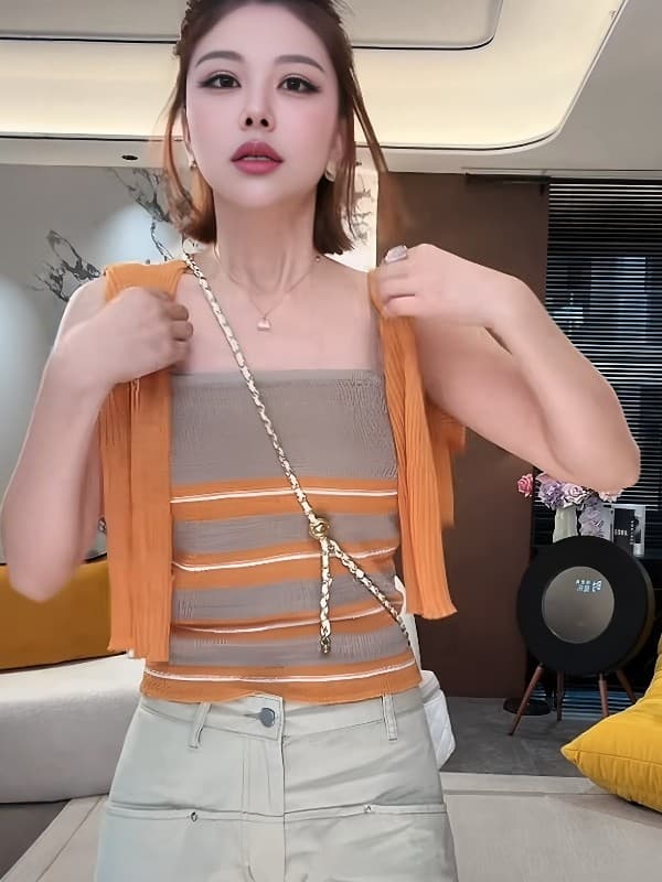 도파민 스트라이프 캐미솔 주황색 니트 오픈 가디건 세트 여성 봄 여름 얇은 스타일 자외선 차단 착용 가져 가라. 투피스 세트 이미지 5