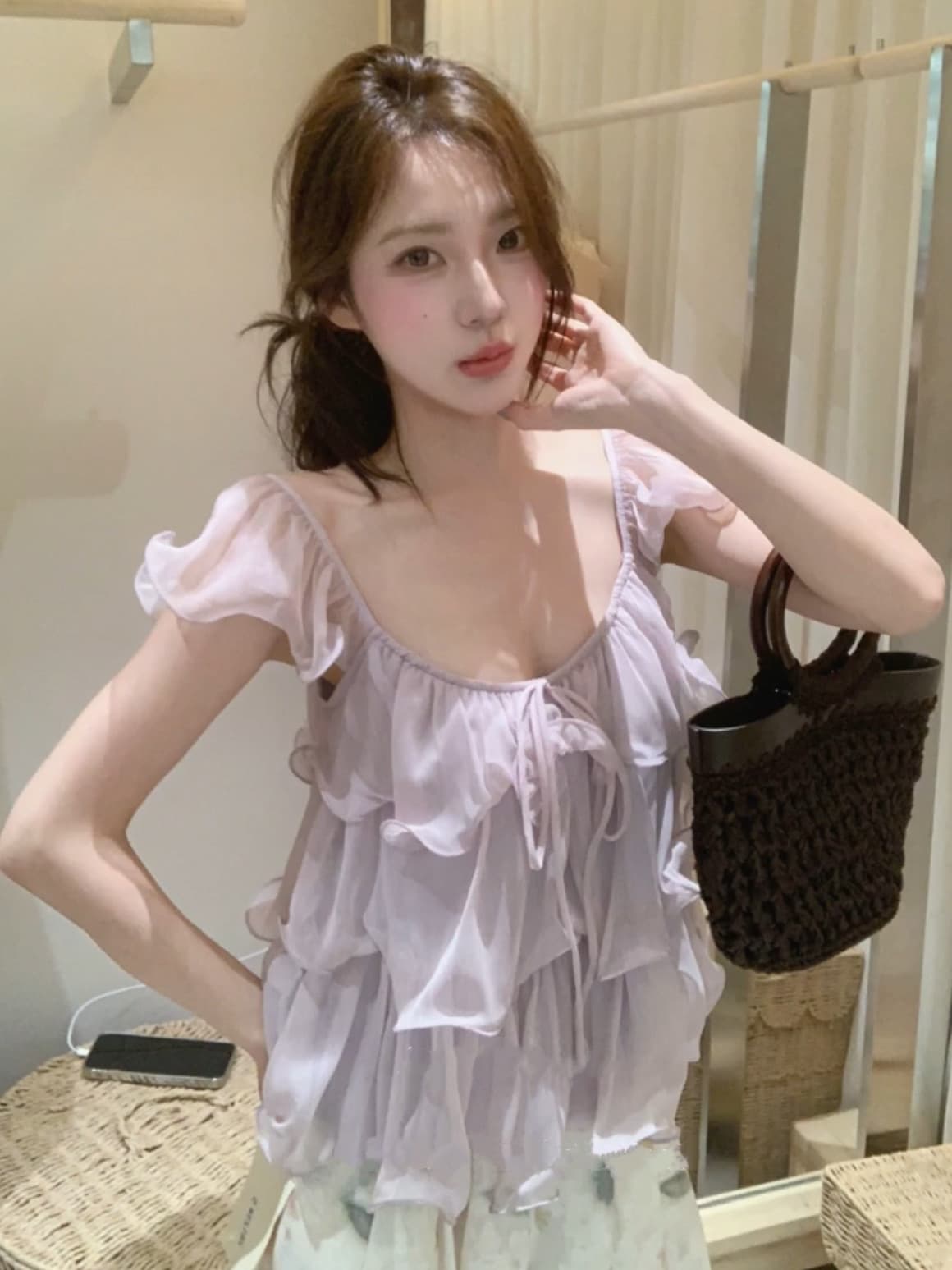 부드러운 달콤한 스타일 u 칼라 프릴 여성 셔츠 프랑스식 순수한 욕망 품격 루즈핏 슬림해 보이는 다용도 작은 날다 소매 맨위 상세 이미지 4