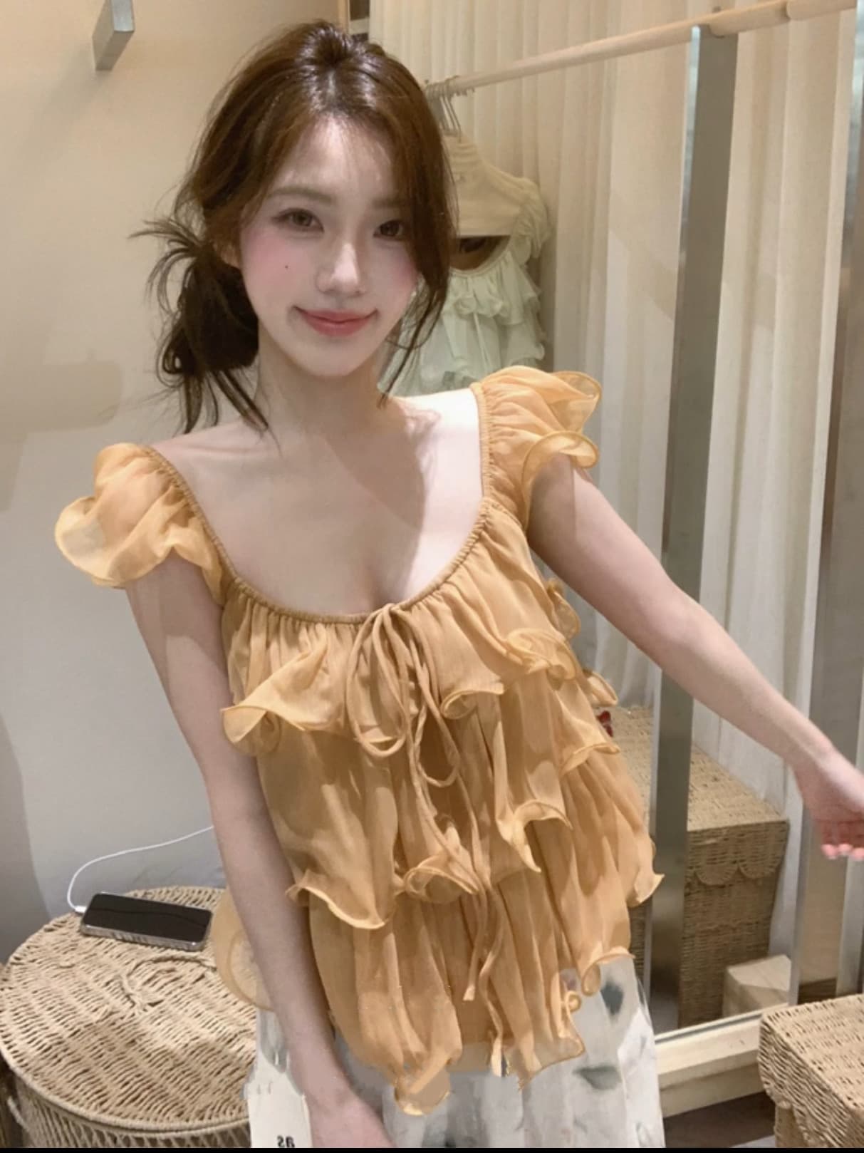 부드러운 달콤한 스타일 u 칼라 프릴 여성 셔츠 프랑스식 순수한 욕망 품격 루즈핏 슬림해 보이는 다용도 작은 날다 소매 맨위 상세 이미지 8