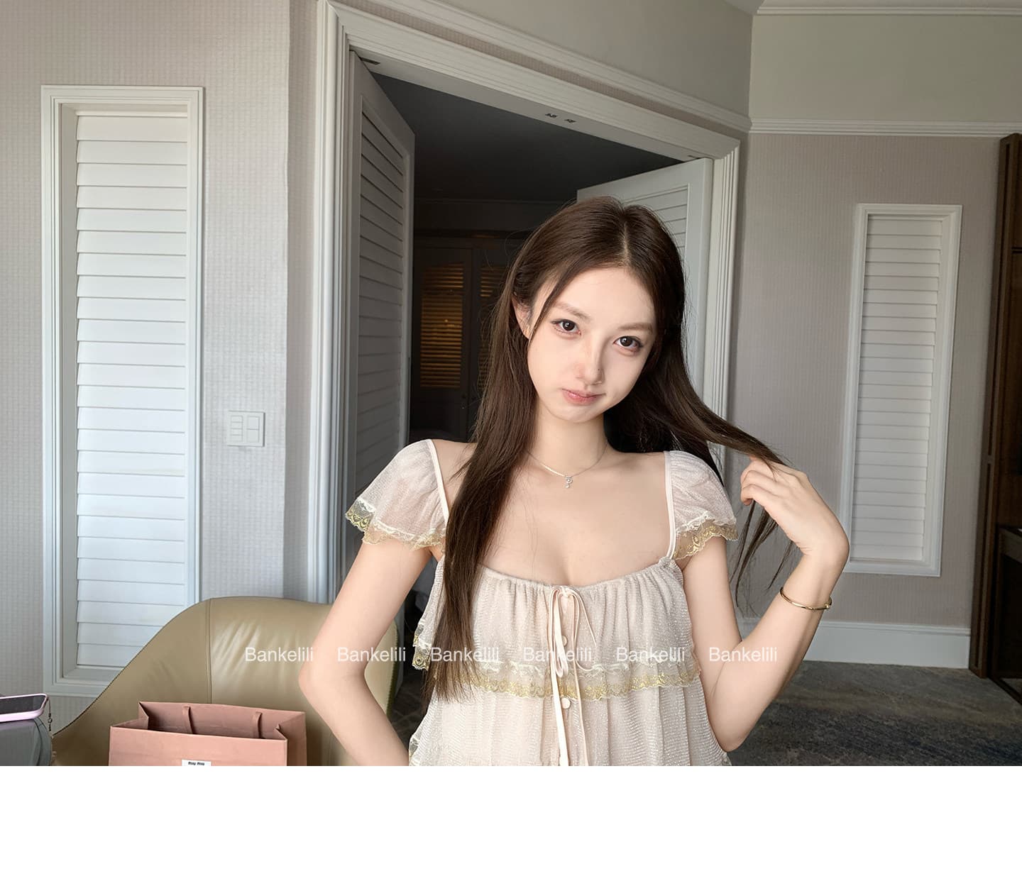 밤나무 코코아 bankelili 팬 바다 리건 프릴 레이스 계층의 감각 작은 날다 소매 광장 칼라 슬립 상세 이미지 2