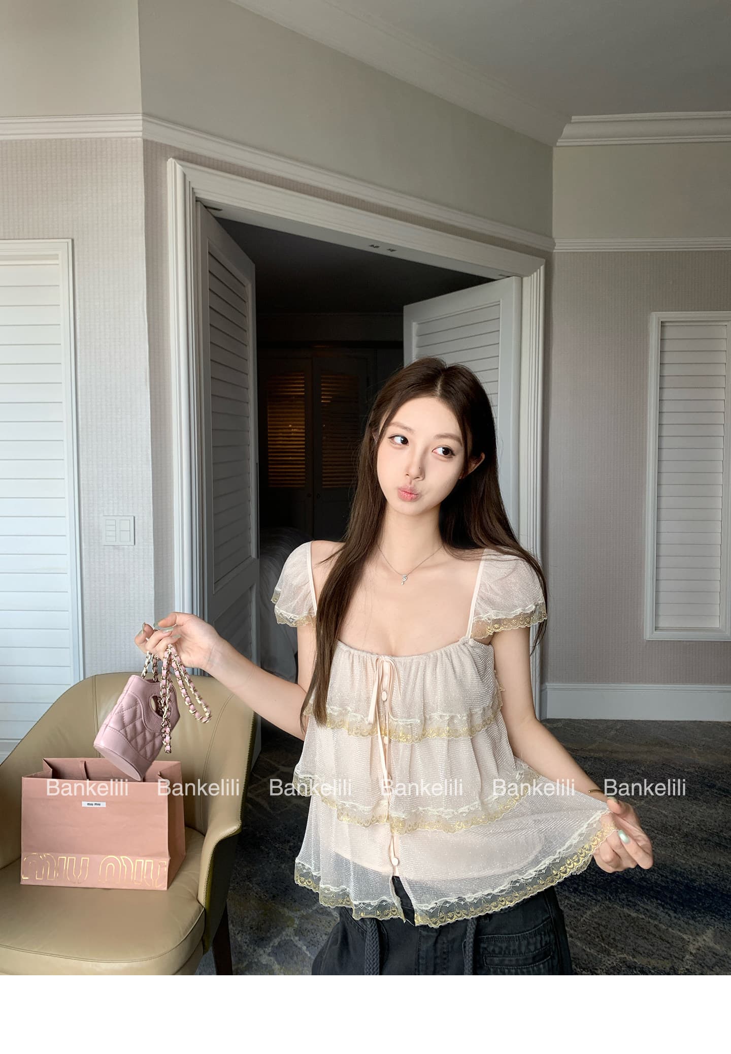 밤나무 코코아 bankelili 팬 바다 리건 프릴 레이스 계층의 감각 작은 날다 소매 광장 칼라 슬립 상세 이미지 4