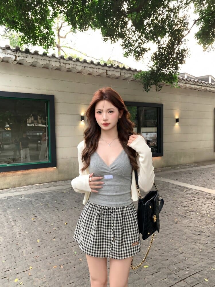 화이트 워터 여성 miu 부서 아름다움 세트 그룹 V넥 캐미솔 레이스 여성 드레스 여름 감기 바람 구덩이 기사 맨위 상세 이미지 6