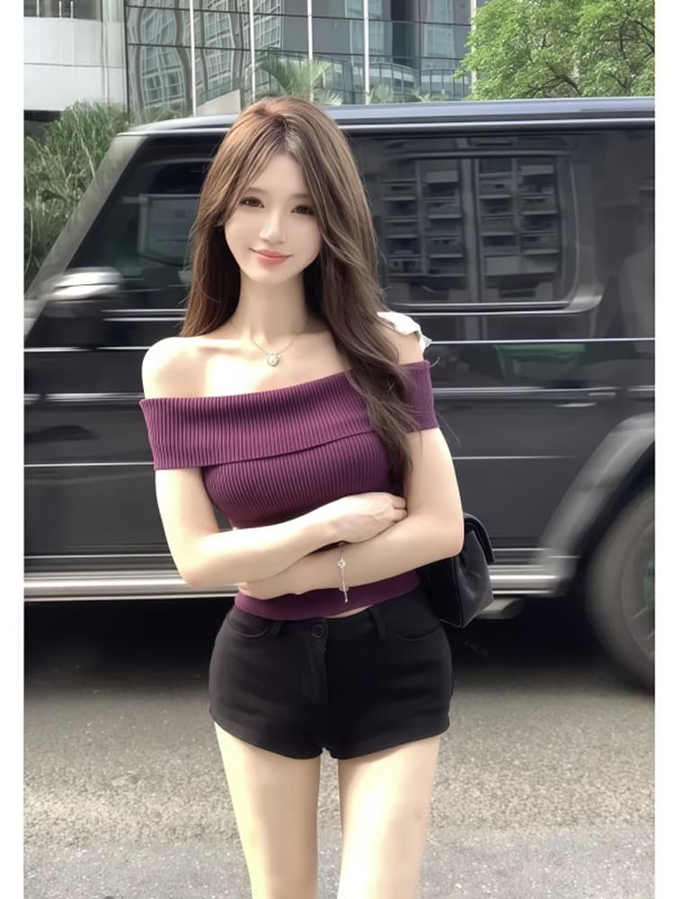 순수한 욕망 바람 핫걸 오프숄더 반팔 티셔츠 여성 여름 새로운 몸매 가꾸기 슬림해 보이는 섹시함 오프숄더 니트 맨위 여성 이미지 2