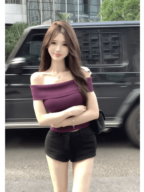 순수한 욕망 바람 핫걸 오프숄더 반팔 티셔츠 여성 여름 새로운 몸매 가꾸기 슬림해 보이는 섹시함 오프숄더 니트 맨위 여성 상세 이미지 1