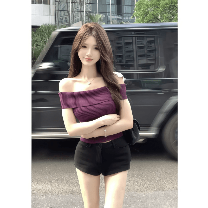 순수한 욕망 바람 핫걸 오프숄더 반팔 티셔츠 여성 여름 새로운 몸매 가꾸기 슬림해 보이는 섹시함 오프숄더 니트 맨위 여성 상세 이미지 3