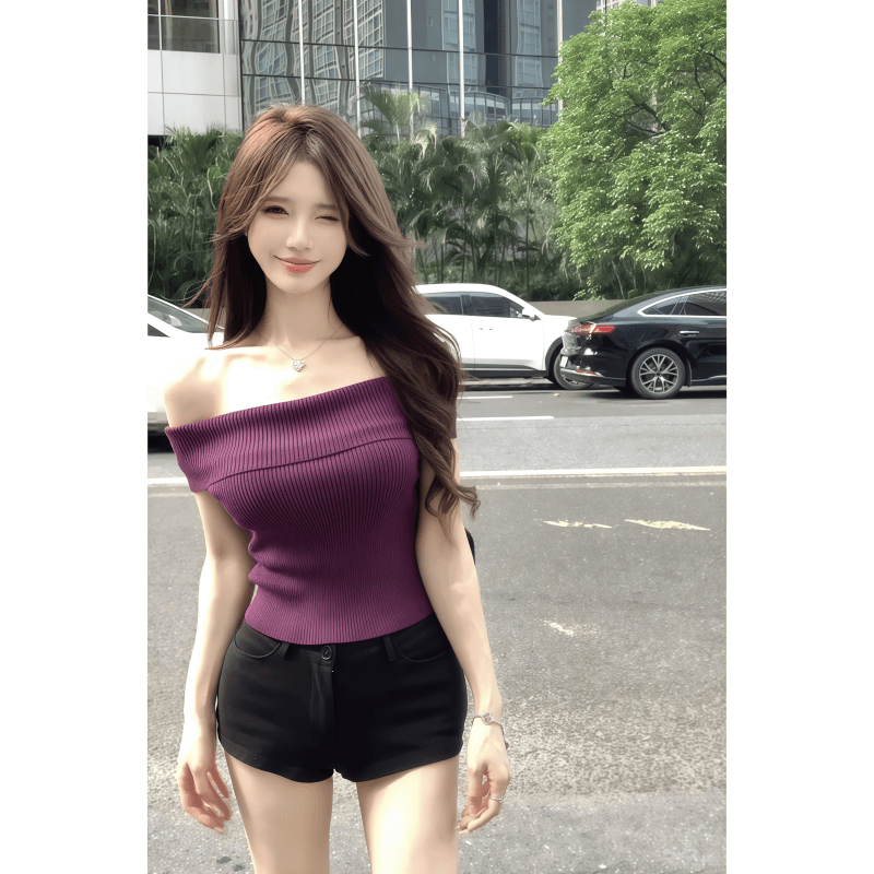 순수한 욕망 바람 핫걸 오프숄더 반팔 티셔츠 여성 여름 새로운 몸매 가꾸기 슬림해 보이는 섹시함 오프숄더 니트 맨위 여성 상세 이미지 4