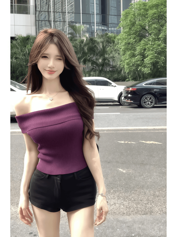 순수한 욕망 바람 핫걸 오프숄더 반팔 티셔츠 여성 여름 새로운 몸매 가꾸기 슬림해 보이는 섹시함 오프숄더 니트 맨위 여성 상세 이미지 9