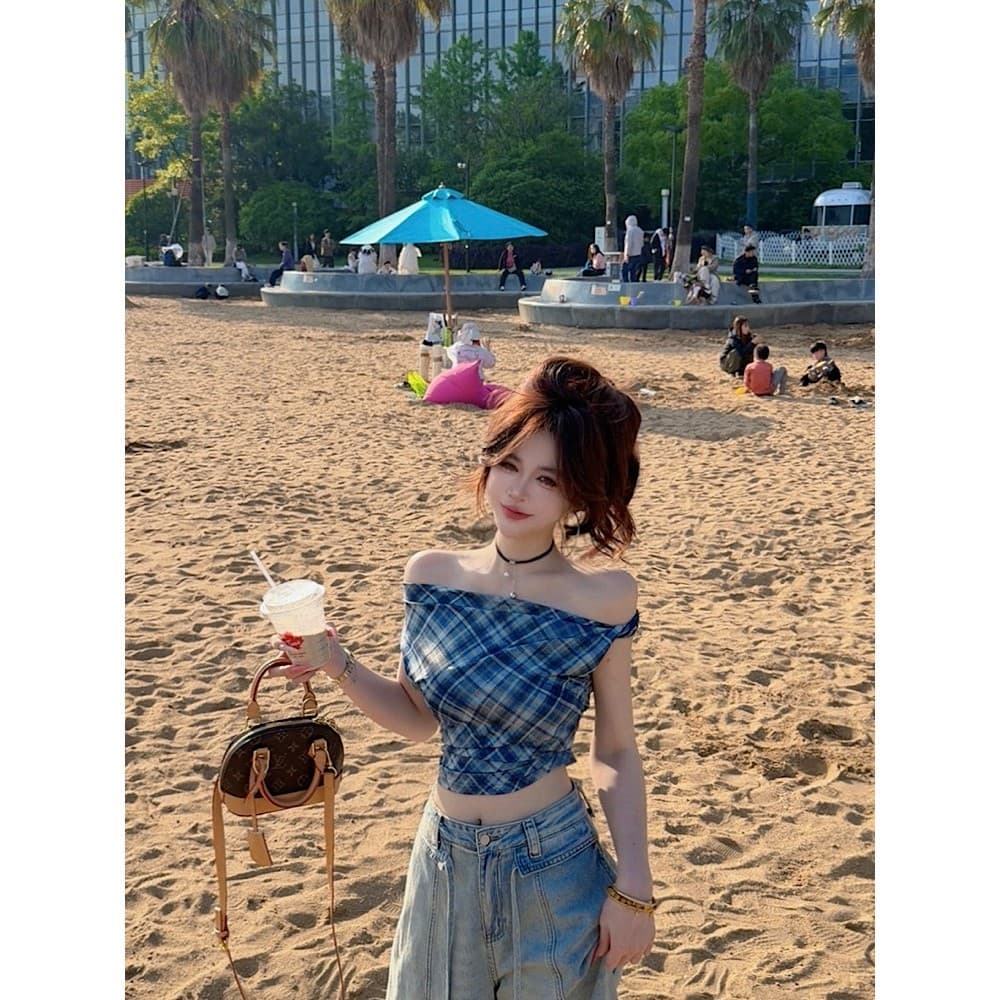 여름 새로운 패션 다용도 오프숄더 핫걸 레트로 체크무늬 섹시함 맨위 여성 이미지 6