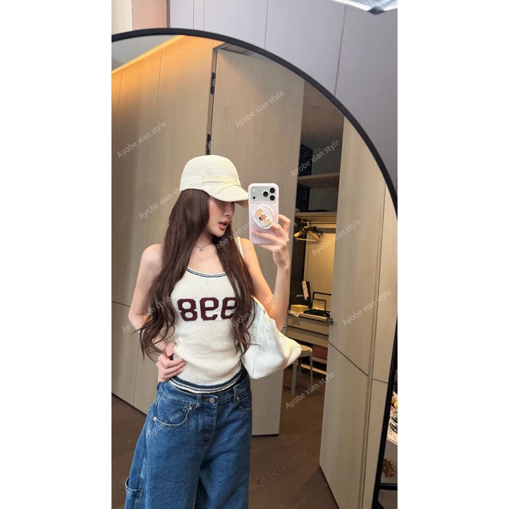 아메리칸 켄 콩 센스 핫걸 미니멀리즘 알파벳 슬림해 보이는 조끼 캐주얼 여름 표지 대리인 우유 섹시함 이미지 6