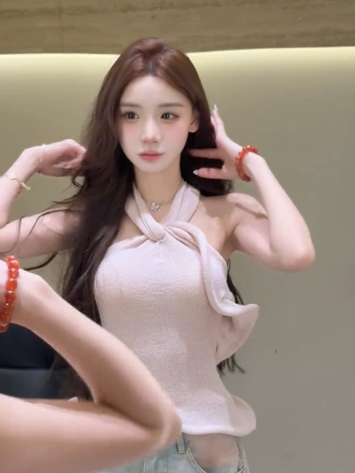 순수한 욕망 섹시함 바람 핑크색 행침 목 니트 조끼 여성 여름 새로운 몸매 가꾸기 슬림해 보이는 민소매 외출용 쇼트 스타일 맨위 이미지 3