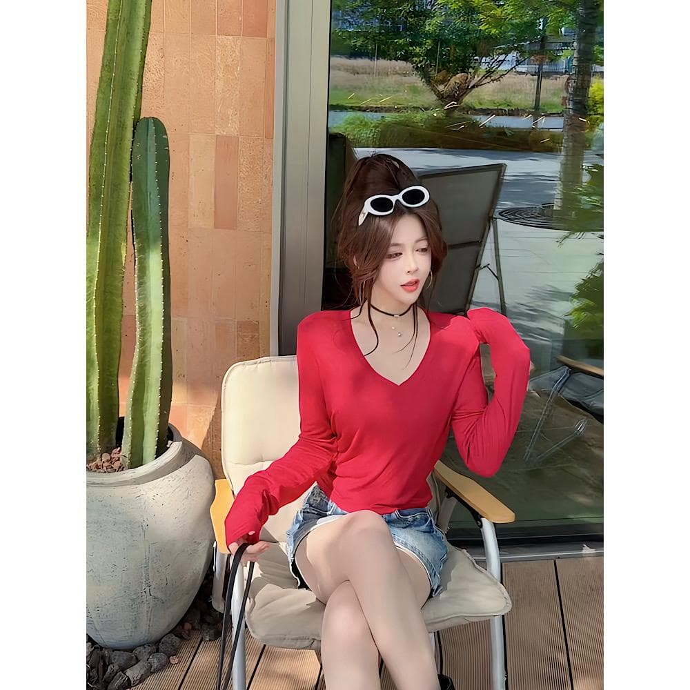 ccdz 여름 V넥 얇고 가벼운 자외선 차단 맨위 여성 상세 이미지 6