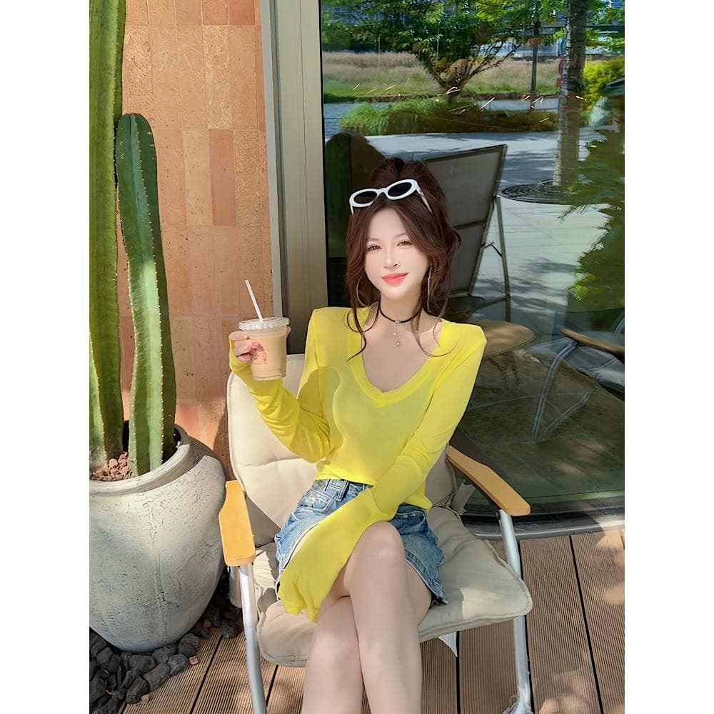 ccdz 여름 V넥 얇고 가벼운 자외선 차단 맨위 여성 상세 이미지 8