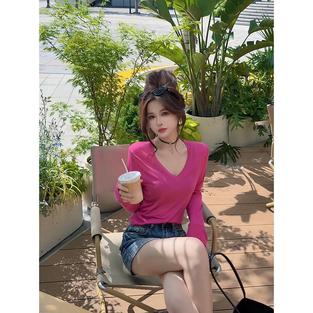 ccdz 여름 V넥 얇고 가벼운 자외선 차단 맨위 여성 상세 이미지 9