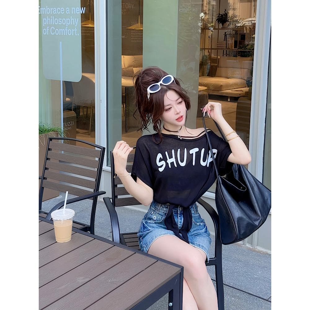 ccdz 패션 디자인 센스 레이스업 알파벳 프린트 코라 어깨 한 부서 니트 맨위 여성 이미지 2