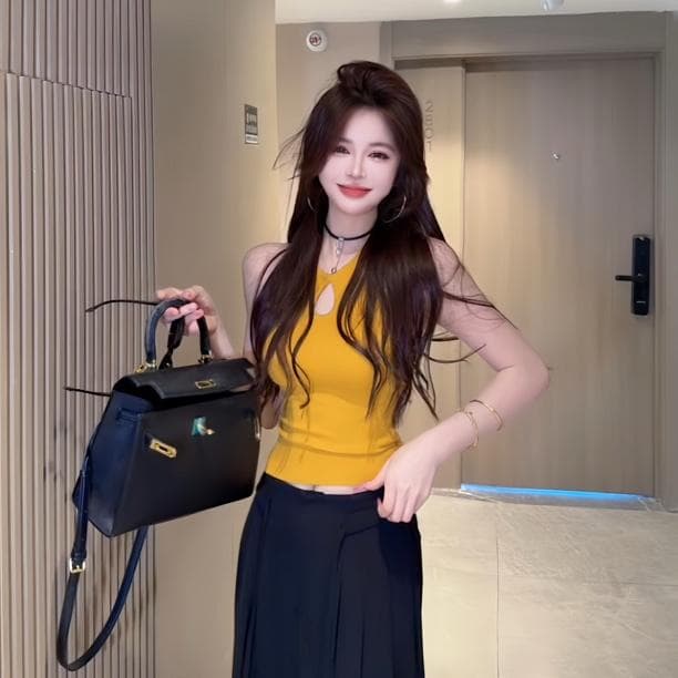 ccdz 여름 새로운 패션 다용도 디자인 센스 홀로우 아웃 행침 목 핫걸 슬립 니트 조끼 여성 이미지 2