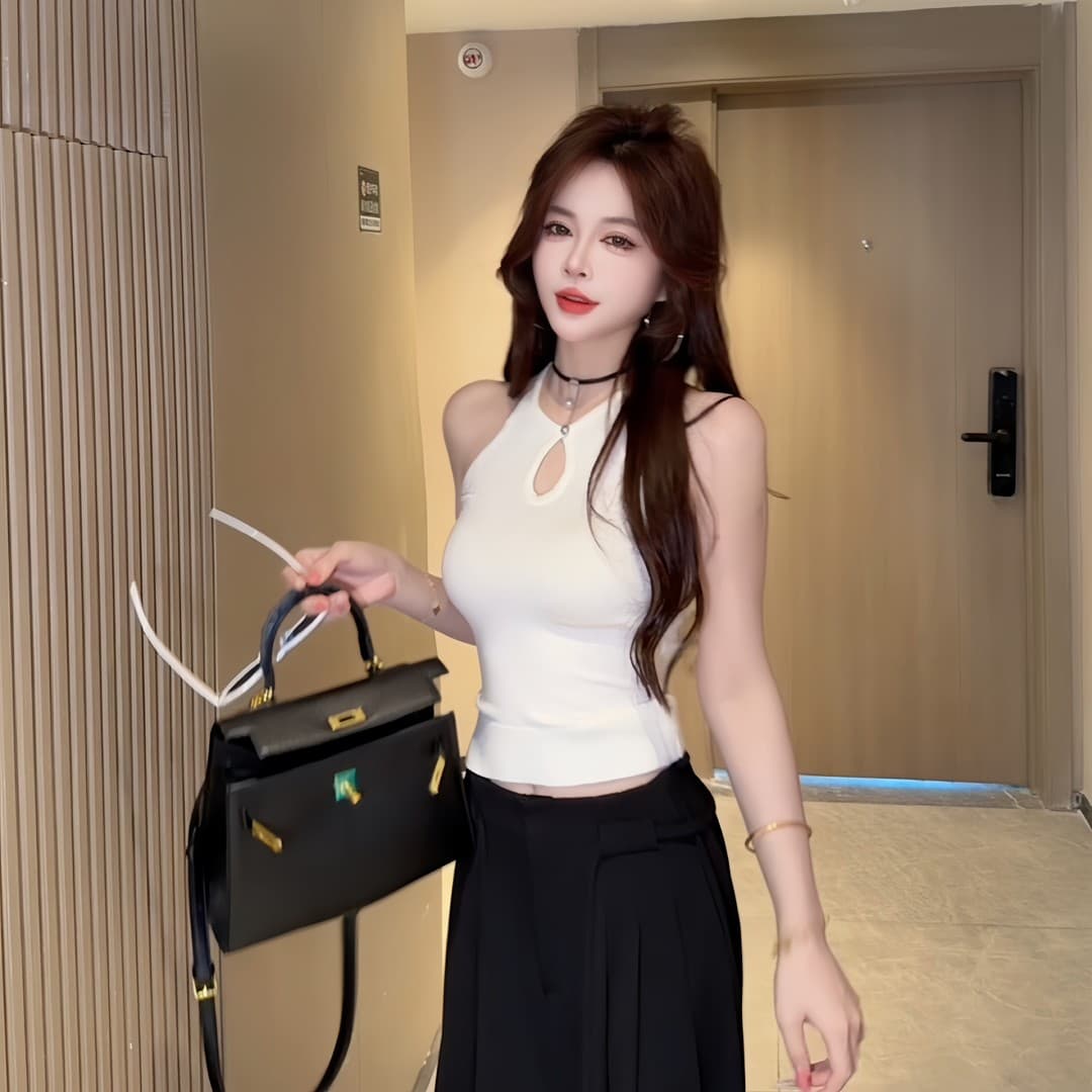 ccdz 여름 새로운 패션 다용도 디자인 센스 홀로우 아웃 행침 목 핫걸 슬립 니트 조끼 여성 이미지 5