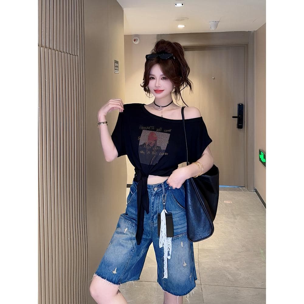 ccdz 여름 새로운 패션 다용도 비스듬한 어깨 반팔 레이스업 슬림해 보이는 맨위 여성 이미지 4