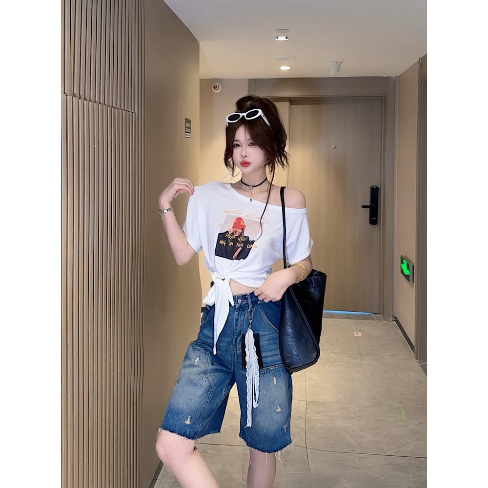 ccdz 여름 새로운 패션 다용도 비스듬한 어깨 반팔 레이스업 슬림해 보이는 맨위 여성 상세 이미지 10