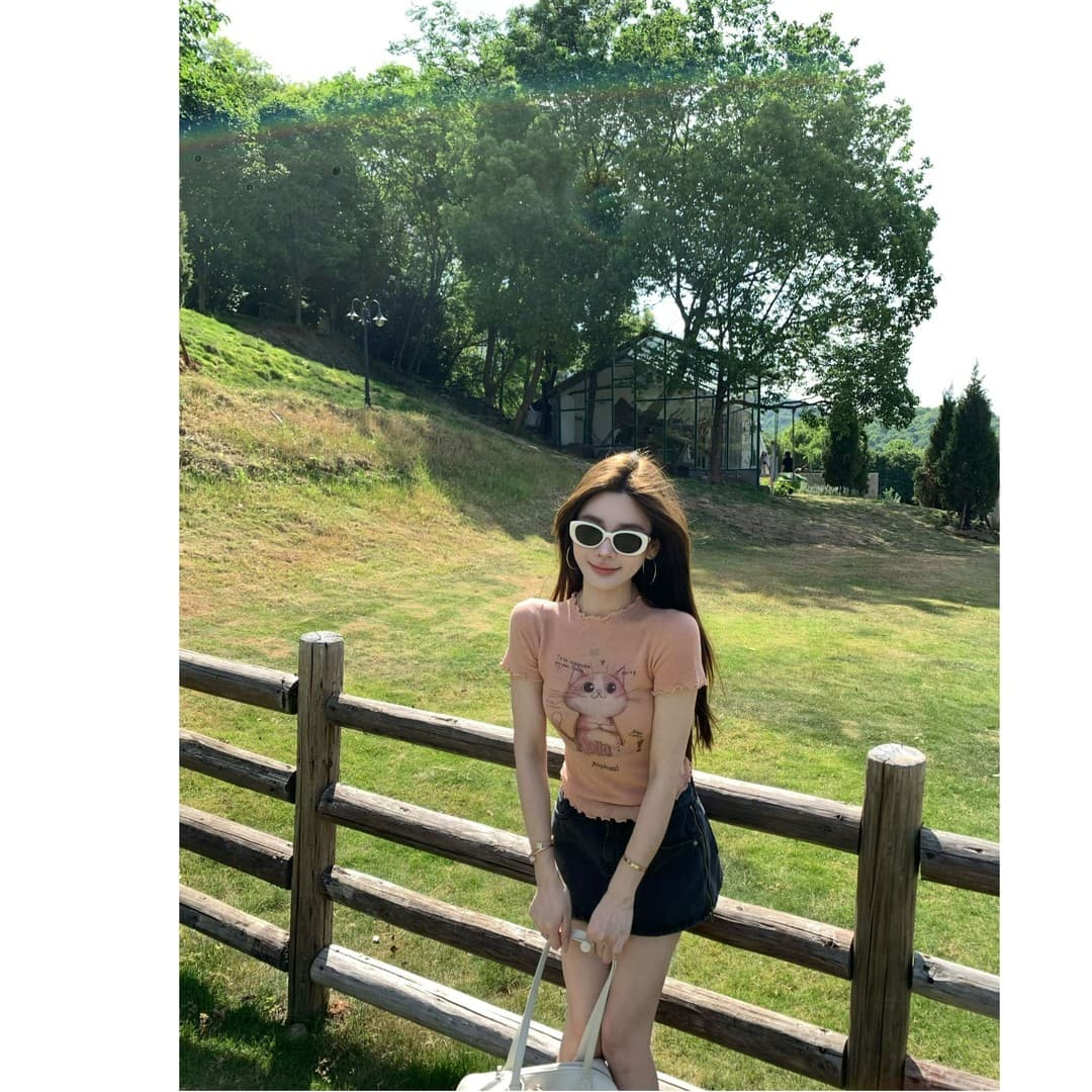 쌀 Na 홈 달콤한 부서 고양이 주황색 고양이 프릴 주간 실크 니트 반팔 티셔츠 맨위