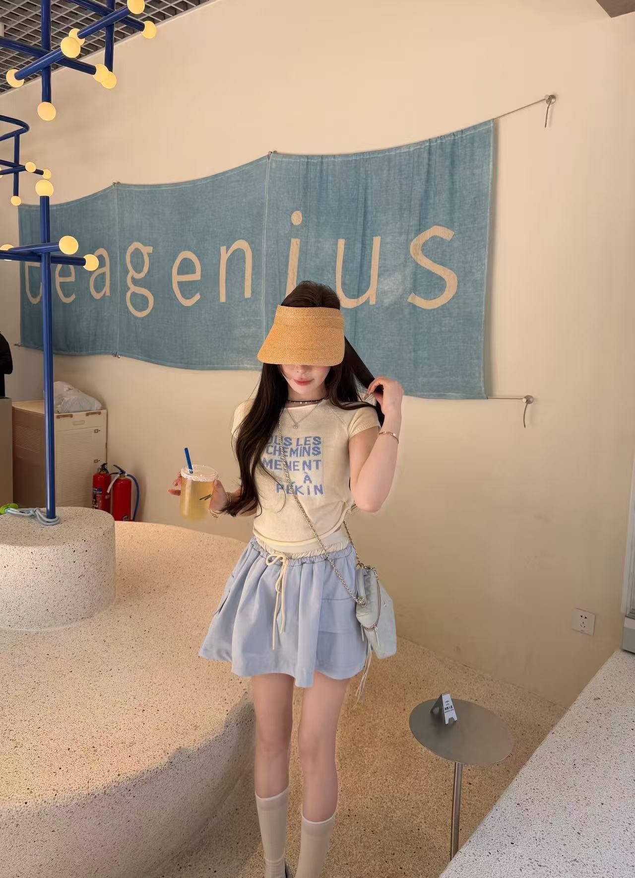 한여름 달콤한 꿈 화이트 싸움 파란색 알파벳 니트 반팔 파란색 명중 화이트 허리 머리 우산 치마 상세 이미지 7