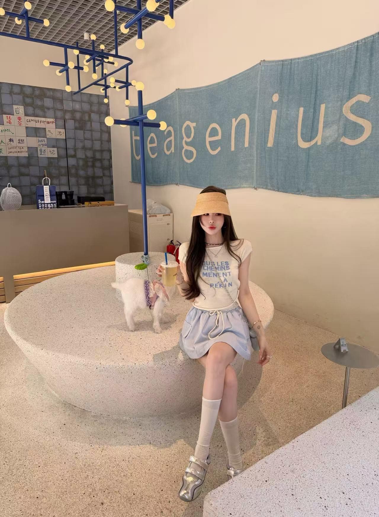 한여름 달콤한 꿈 화이트 싸움 파란색 알파벳 니트 반팔 파란색 명중 화이트 허리 머리 우산 치마 상세 이미지 10