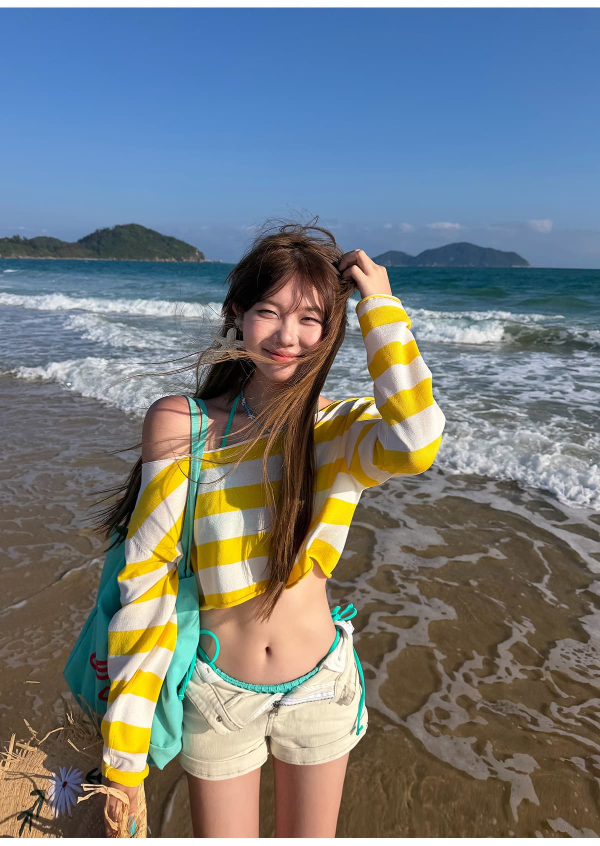 아메리칸 느긋한 바람 스트라이프 보트넥 긴팔 티셔츠 여성 핫걸 캐주얼 슬림해 보이는 이슬 뼈의 자외선 차단 블라우스 상세 이미지 19