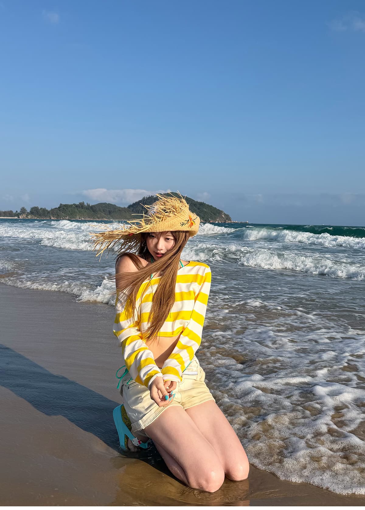 아메리칸 느긋한 바람 스트라이프 보트넥 긴팔 티셔츠 여성 핫걸 캐주얼 슬림해 보이는 이슬 뼈의 자외선 차단 블라우스 상세 이미지 23