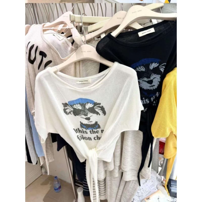 비스듬한 어깨 스트랩 인물 프린트 반팔 니트 스웨터 여성 2026 여름 새로운 루즈핏 통기성 맨위 상세 이미지 5