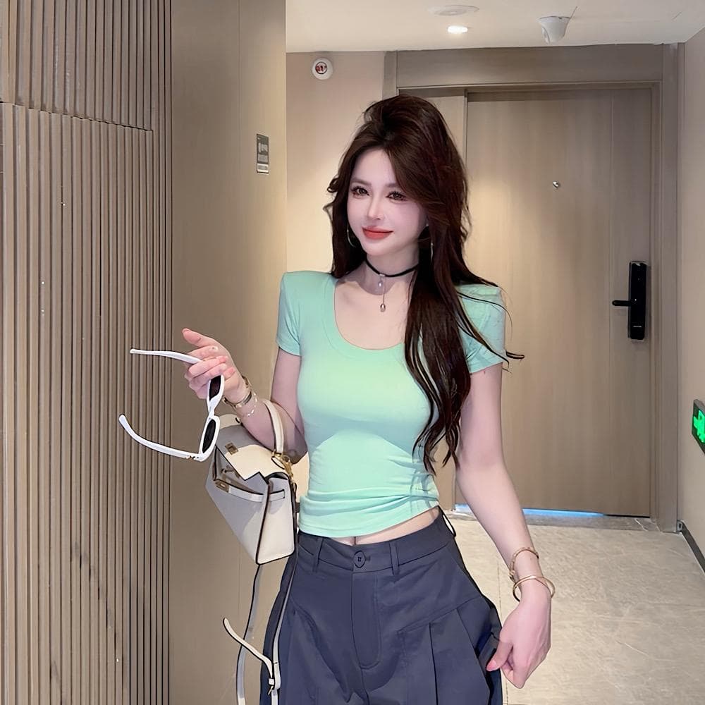 ccdz 패션 대 u 칼라 다용도 반팔 맨위 여성 순수한 욕망 핫걸 다용도 몸매 가꾸기 슬림해 보이는 티셔츠 여성 여름 이미지 4