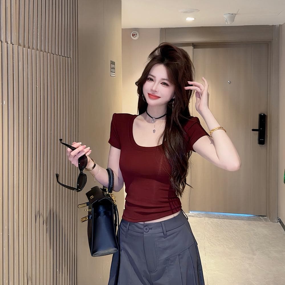 ccdz 패션 대 u 칼라 다용도 반팔 맨위 여성 순수한 욕망 핫걸 다용도 몸매 가꾸기 슬림해 보이는 티셔츠 여성 여름 상세 이미지 10