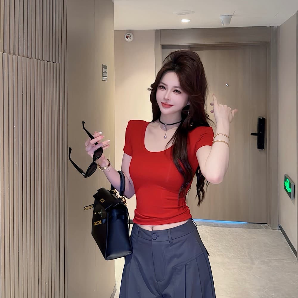 ccdz 패션 대 u 칼라 다용도 반팔 맨위 여성 순수한 욕망 핫걸 다용도 몸매 가꾸기 슬림해 보이는 티셔츠 여성 여름 상세 이미지 14