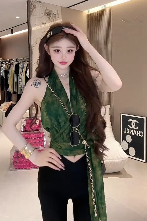프랑스식 품격 V넥 행침 목 스트랩 조끼 여성 여름 휴가 바람 디자인 센스 레이스업 허리 수축 디스플레이 얇고 작은 맨위 이미지 7