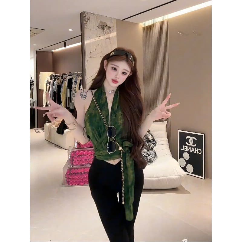 프랑스식 품격 V넥 행침 목 스트랩 조끼 여성 여름 휴가 바람 디자인 센스 레이스업 허리 수축 디스플레이 얇고 작은 맨위 상세 이미지 4