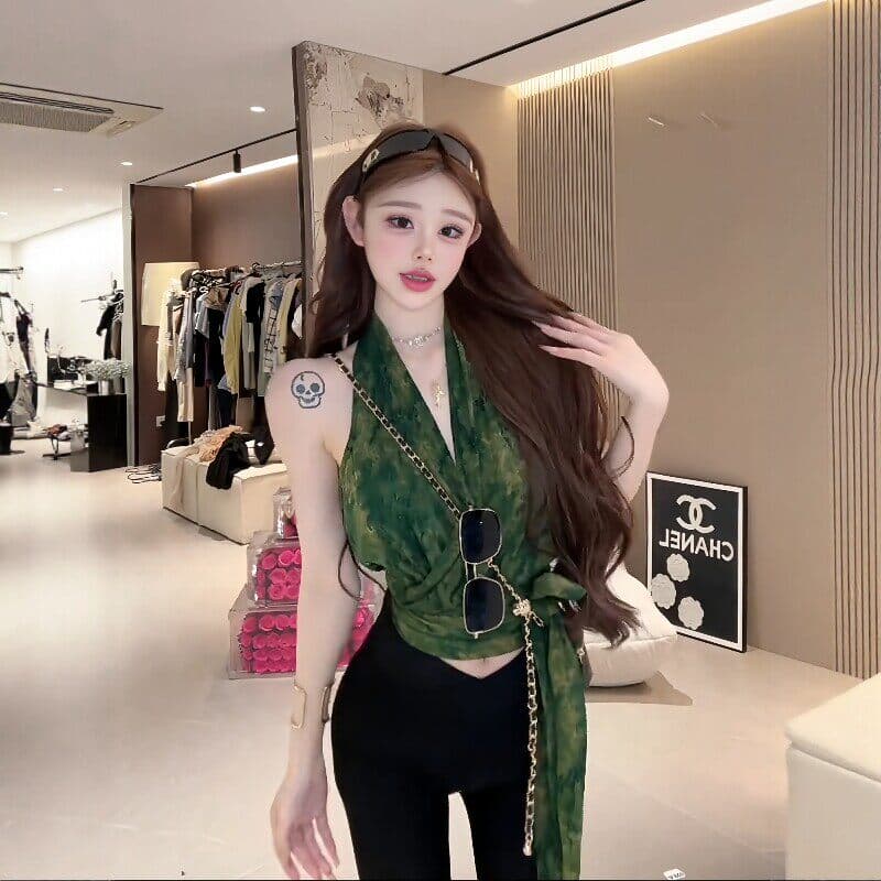 프랑스식 품격 V넥 행침 목 스트랩 조끼 여성 여름 휴가 바람 디자인 센스 레이스업 허리 수축 디스플레이 얇고 작은 맨위 상세 이미지 7