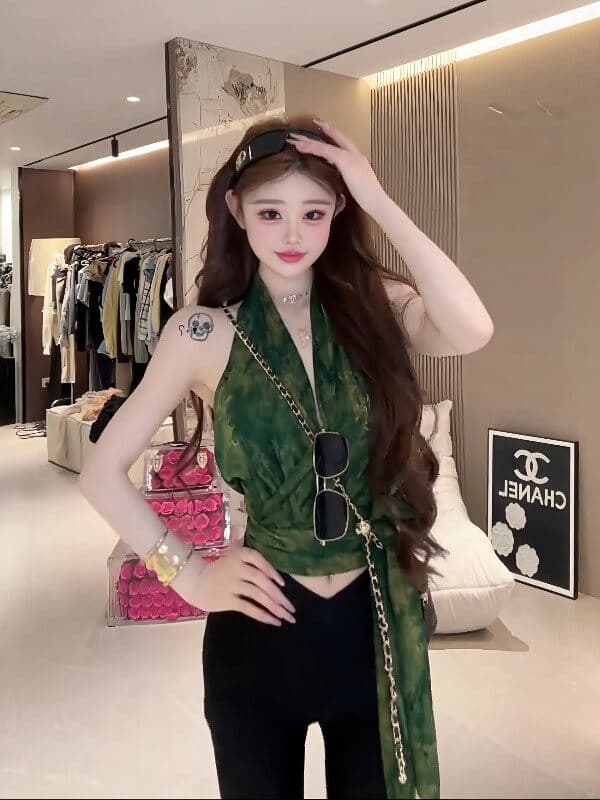 프랑스식 품격 V넥 행침 목 스트랩 조끼 여성 여름 휴가 바람 디자인 센스 레이스업 허리 수축 디스플레이 얇고 작은 맨위 상세 이미지 15
