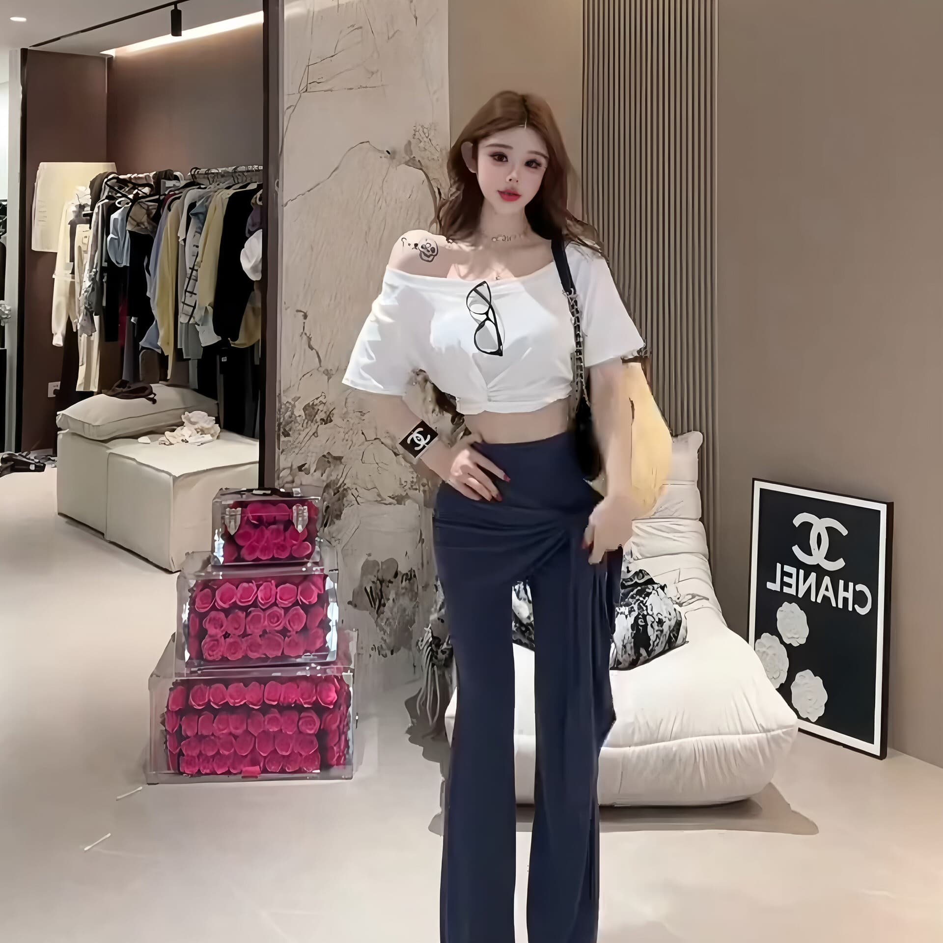 섹시함 핫걸 바람 화이트 비틀림 비스듬한 어깨 반팔 티셔츠 여성 여름 새로운 허리 수축 오프숄더 슬림해 보이는 아름다운 맨위 상세 이미지 11