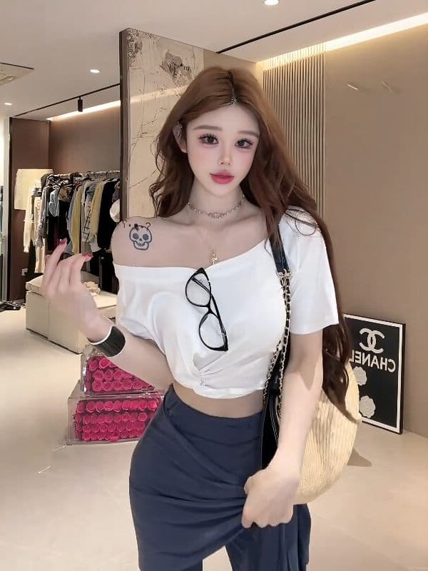 섹시함 핫걸 바람 화이트 비틀림 비스듬한 어깨 반팔 티셔츠 여성 여름 새로운 허리 수축 오프숄더 슬림해 보이는 아름다운 맨위 상세 이미지 14