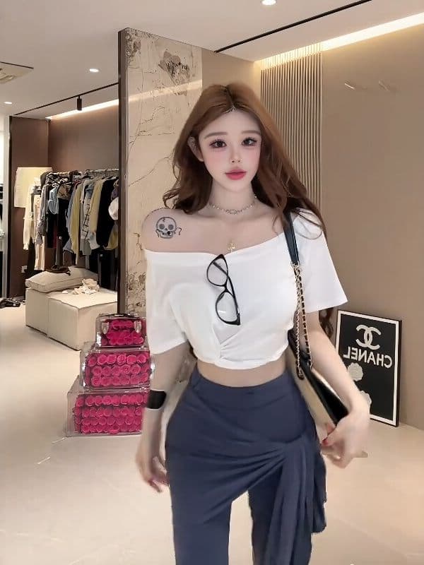 섹시함 핫걸 바람 화이트 비틀림 비스듬한 어깨 반팔 티셔츠 여성 여름 새로운 허리 수축 오프숄더 슬림해 보이는 아름다운 맨위 상세 이미지 15