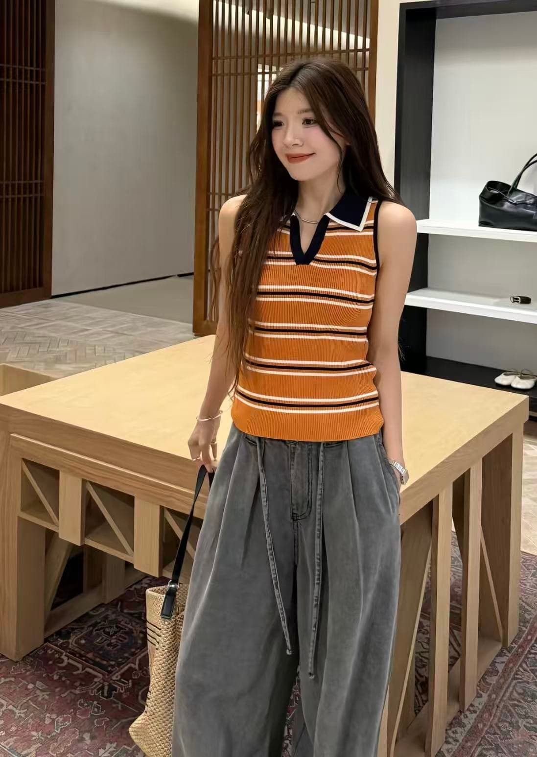 프랑스식 레트로 스타일 스트라이프 폴로 칼라 니트 조끼 여성 여름 새로운 핫걸 몸매 가꾸기 슬림해 보이는 다용도 민소매 맨위 이미지 4